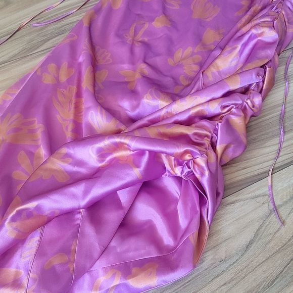 Bogdar Queeny Ruched Silk Stretch Satin Midi Slip Dress in Pink Floral - Picture 8 of 13